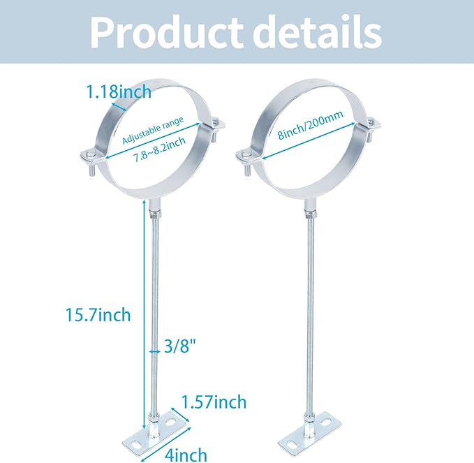 2PCS 8" Chimney Pipe Bracket,Wall Support Chimney Pipe Holder，Stove Pipe Hanger，B Vent Wall Strap，Rigid Split Ring Hanger,for 6" (8" O.D.) Double Wall Insulated Chimney Pipe，Lengthened 16-inch Screw