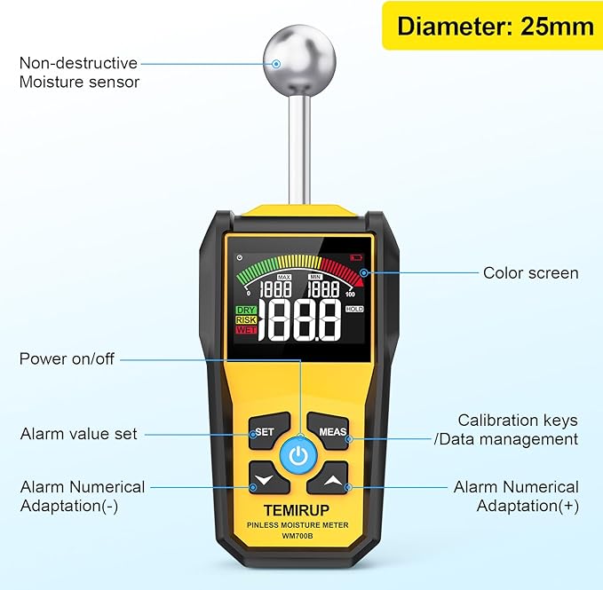 Moisture Meter, TEMIRUP Pinless Moisture Meter –Wood Moisture Detector for Walls, Drywall, Firewood & Concrete, Digital Moisture Tester with 3-Color LCD Display Reader, Audible Alarm & Hold Function