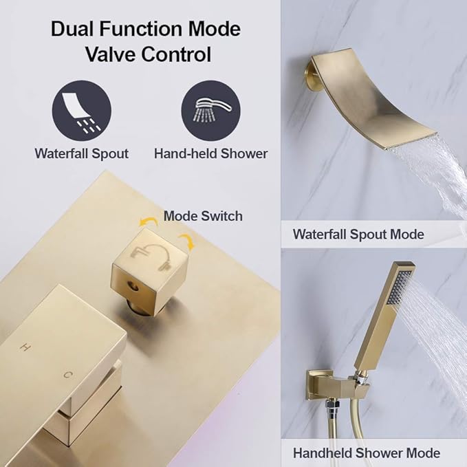 Wall Mount Bathtub Faucet with Handheld Shower, Brushed Gold Single Handle Bathroom Waterfall Tub Filler Solid Brass Tub Shower Faucet Set Rough-in Valve Trim Kit