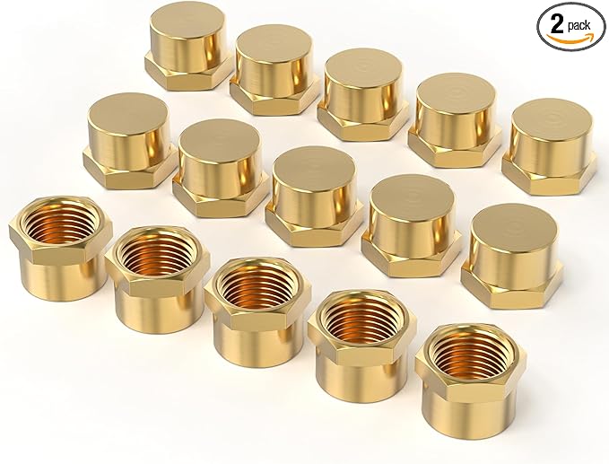 GASHER 3/8"NPT Brass Pipe Cap, NPT Female Thread Socket Pipe End Cap Plugs Fitting 2PCS