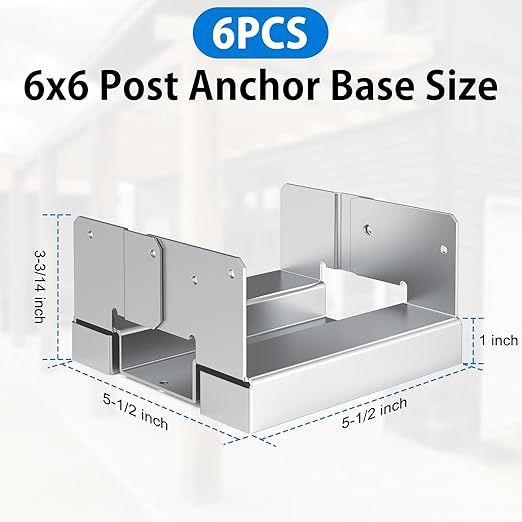 6 pcs 6x6 Galvanized Post Base for Concrete, Post Deck Base Anchor with 1" Standoff for Deck/Gazebo/Pergola/Porch