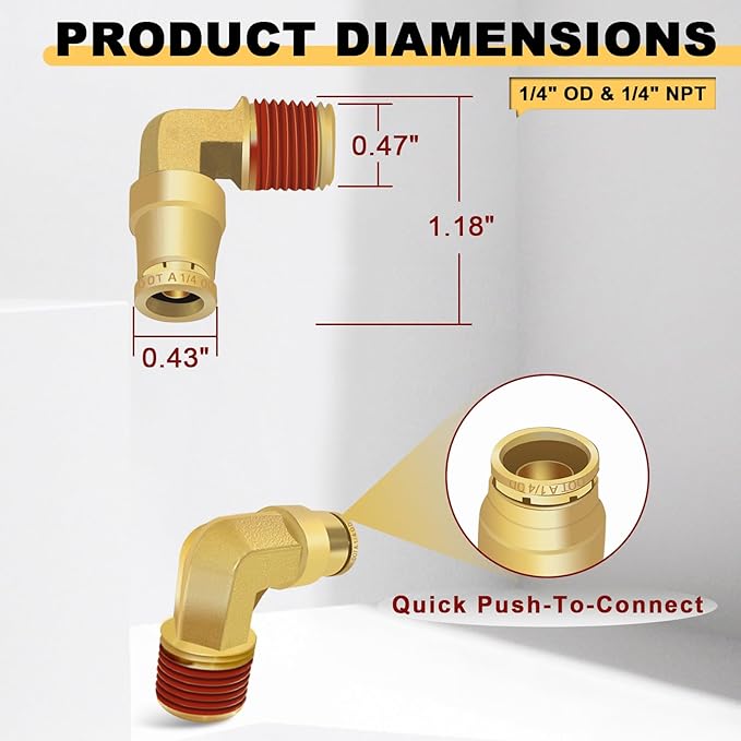 Siptenk 1/4" Elbow DOT Brass Push to Connect Air Line Fittings 5 PCS, 1/4" OD Tube x 1/4" NPT Thread Air Brake Line Quick Connect Fittings for Truck Trailers Industry Air System