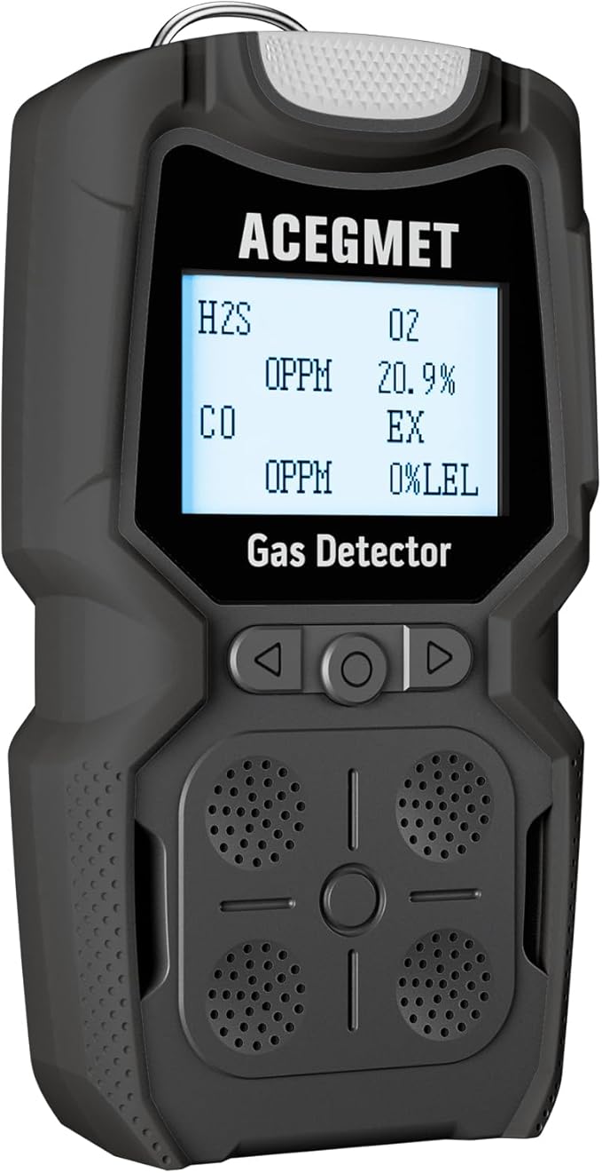 ACEGMET Gas Detector, 4 Gas Monitor Multiple Indicator (Vibration, Audible, Visual) H2S, O2, CO and LEL 4 Gas Monitor Personal Rechargeable 4 Gas Meter, for Work, Home, Black