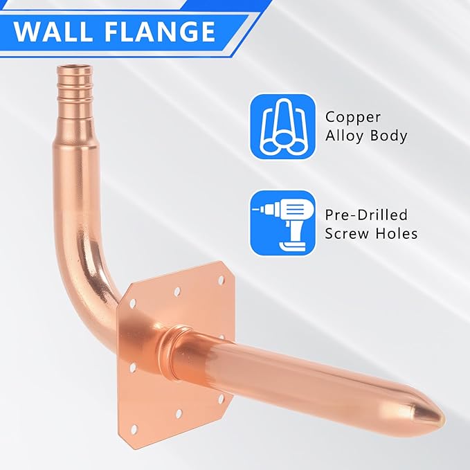 (2-Pack YVSKM) 1/2" × 6" Copper PEX Stub-Out Elbow with Flange, Lead-Free Plumbing Fitting for 1/2 Inch Copper Pipe, Closed-End Connector for Water, Heating, and Residential or Commercial Systems