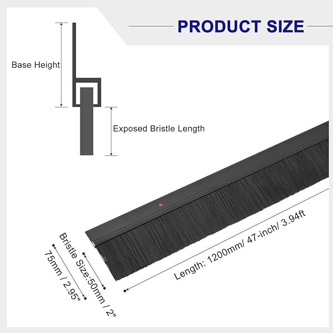uxcell 2Pcs Door Brush Bottom Sweep H-Shape Aluminum Alloy Base with 2-inch PP Brush for Home, Industrial (47-inch L, Black)