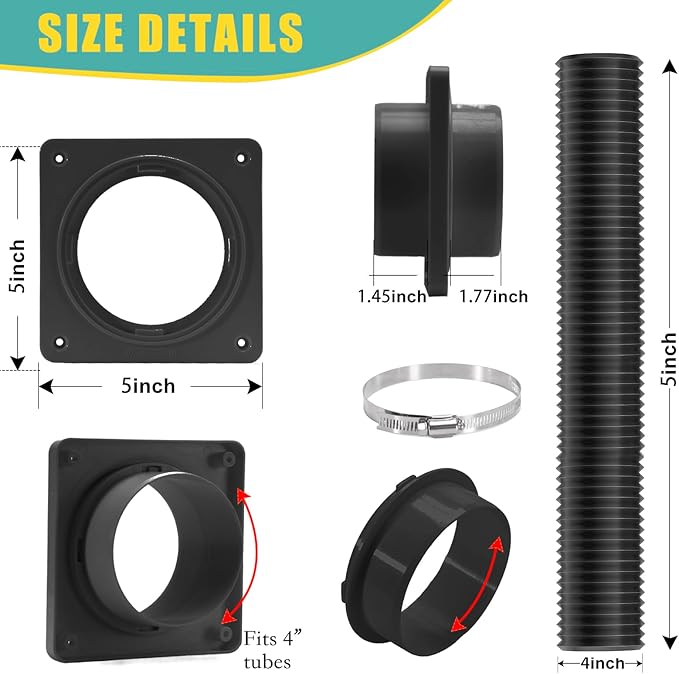 VIWINVELA Dryer Vent Hose Connector Kit - Dryer Vent Wall Plate with Hose - Dryer Duct Connector with Quick Connect & Disconnect Dryer Dock Connector (Dryer Vent Connector with 4in-5ft Black Hose)