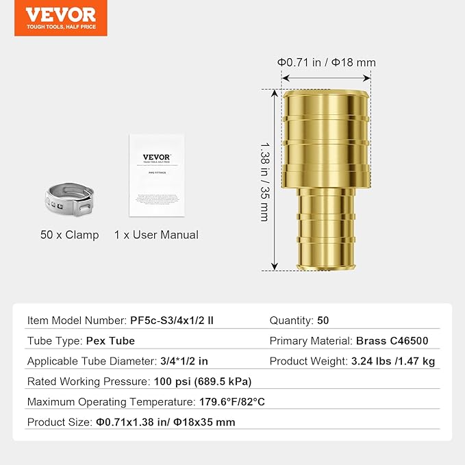 VEVOR Pipe Fittings, 1/2"-3/4" 50PCS Brass Pipe Fittings, Clamp-style 1/2 NPT Internal Thread Pipe Connector Brass Air Fittings, Plumbing Fittings NPT Adapter for Heating/Shower Systems, Water Pipes