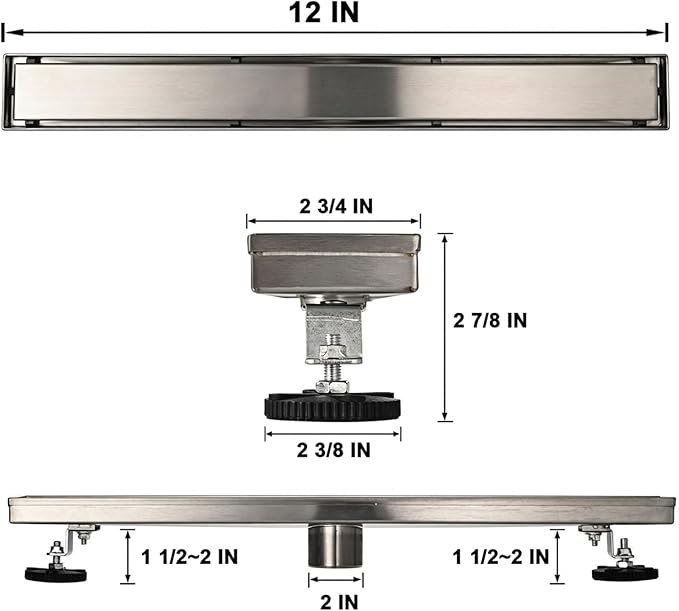 Linear Shower Floor Drain, 12 Inch Brushed Nickel 304 Stainless Steel Bathroom Drains Kit, Rectangular Shower Trench Drain with Reversable Tile-in Pattern Drain Cover & Hair Catcher