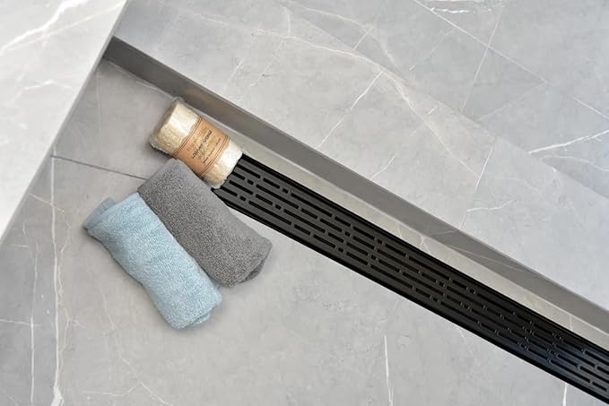 304 Stainless Steel 48 Inch Matte Black Shower Drain Kit Broken Lane Linear Shower Drains for Tile Floor Long Hair Catcher Strainer Grate Cover Bathroom (Matte Black, 47 Inch)