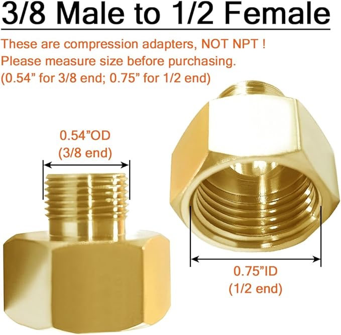 Joywayus 1/2 G Female to 3/8 Compression Male Thread Pipe Fitting, Brass Reducer Faucet Connector Water Hose Adapter, Supply Line Adapter for RV Kitchen Bathroom Plumbing 4PCS