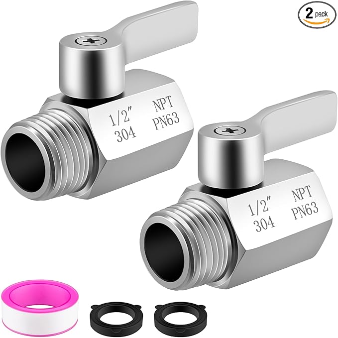 [2 Pack] Shower Head Shut Off Valve 304 Stainless Steel Mini Ball Valve(1/2" Female X Male) NPT Thread Water Flow Control，RV Shower Head with Hose Flow Restrictor