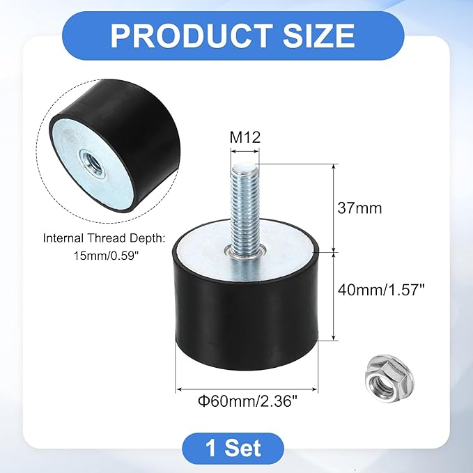 uxcell M12 Rubber Mounts, 1Pcs 60x40mm(DxH) Rubber Cylindrical Anti Vibration Isolator Shock Absorber with Lock Nut for Car Bobbin Generator Air Compressors