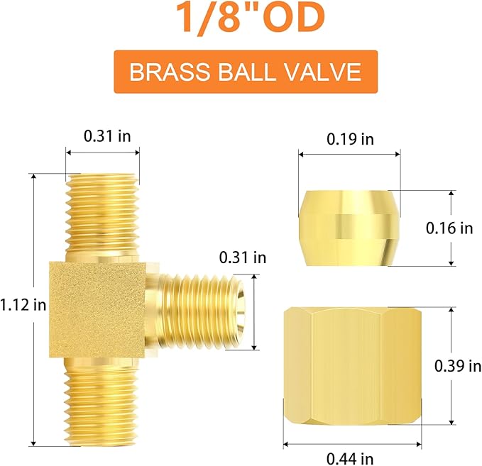 GASHER 5PCS Brass Compression Tube Pipe Fitting Connector, Tee，1/8" x 1/8" x 1/8" Tube OD Connector