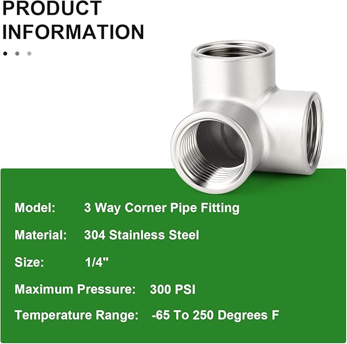 TAISHER 1PCS 304 Stainless Steel 3 Way Corner Pipe Fittings, 1/4" x 1/4" x 1/4" Female Pipe Fittings