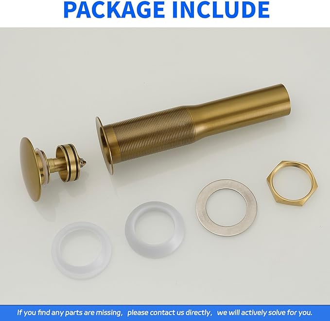 BWE Brushed Gold Pop Up Drain for Bathroom Sink Without Overflow Bathroom Sink Stopper Assembly with Sink Drain Strainer, Brass