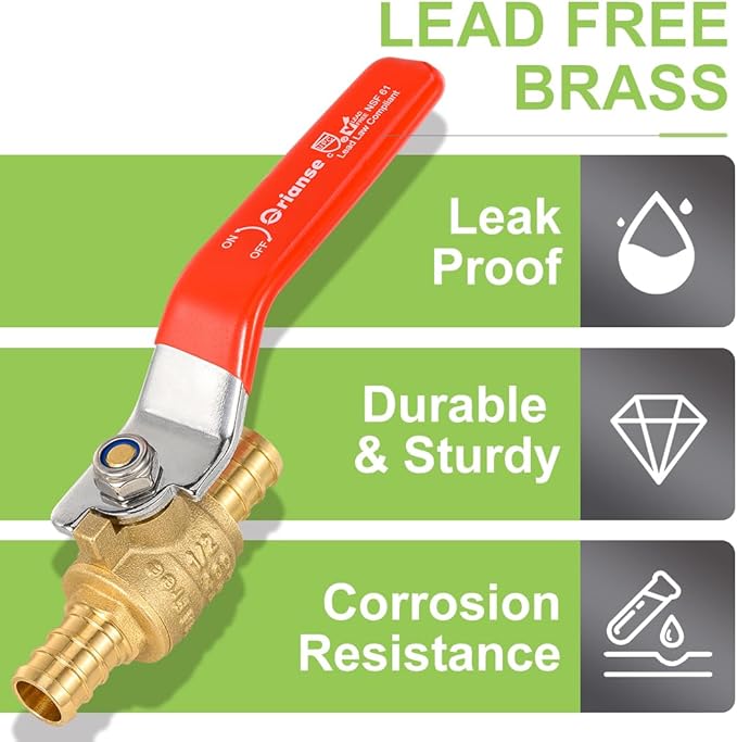 10 Pack ORIANSE 1/2 Inch Heavy Duty Pex Ball Valve Brass Barb Crimp 1/4- Turn Full Port Shut Off For PEX-b Connection Hot and Cold Water,Cetified by NSF/ANSI 61, ASTM F1807