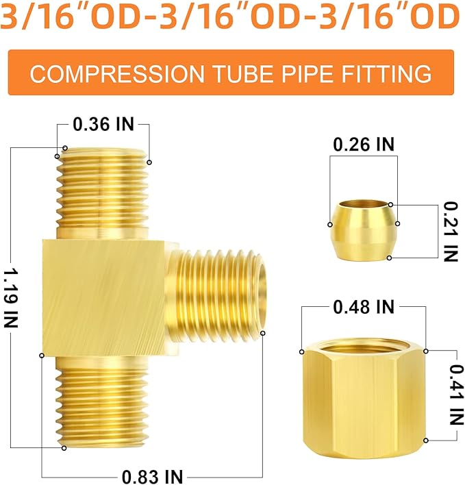 GASHER 5PCS Brass Compression Tube Pipe Fitting Connector, Tee，3/16" x 3/16" x 3/16" Tube OD Connector