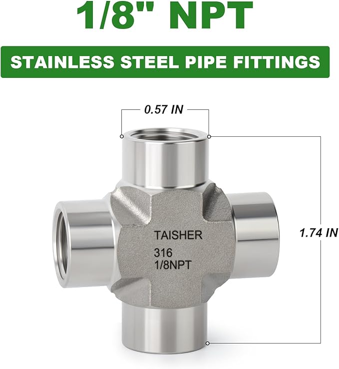 TAISHER 1PCS Forging of 316L Stainless Steel 4 Way Pipe Fittings, 1/8" x 1/8" x 1/8" x 1/8" NPT Female Pipe Fittings