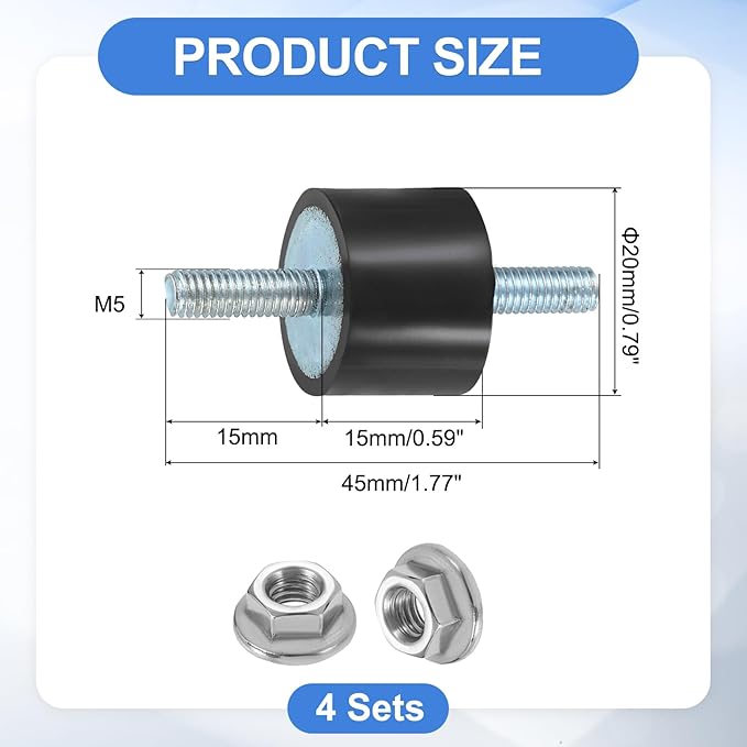 uxcell 4Pcs M5 x 15mm Rubber Mounts, 15 x 20mm Cylindrical Anti Vibration Isolator Studs Shock Absorber Double Studs with Nuts for Car Bobbin Generator Air Compressors