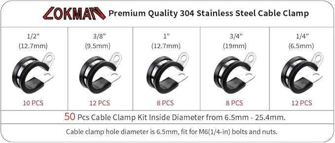 LOKMAN 50 Pieces Stainless Steel Cable Clamp Assortment Kit, Rubber Cushion Pipe Clamps Wire Line Insulated Clamps Assorted for Tube, Pipe, Cord Installation in 5 Size 1/4'' 3/8'' 1/2'' 3/4'' 1''