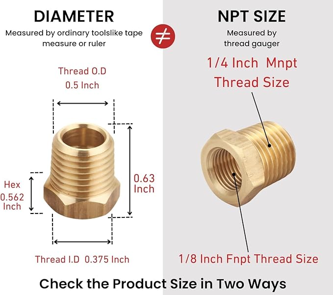 4pcs Heavy Duty 1/4 NPT Male Thread to 1/8 NPT Female Thread Brass Reducer Hex Bushing Brass Fitting Pipe Hose Tube Adapter Convert, Thread 0.5" OD to 0.375" ID