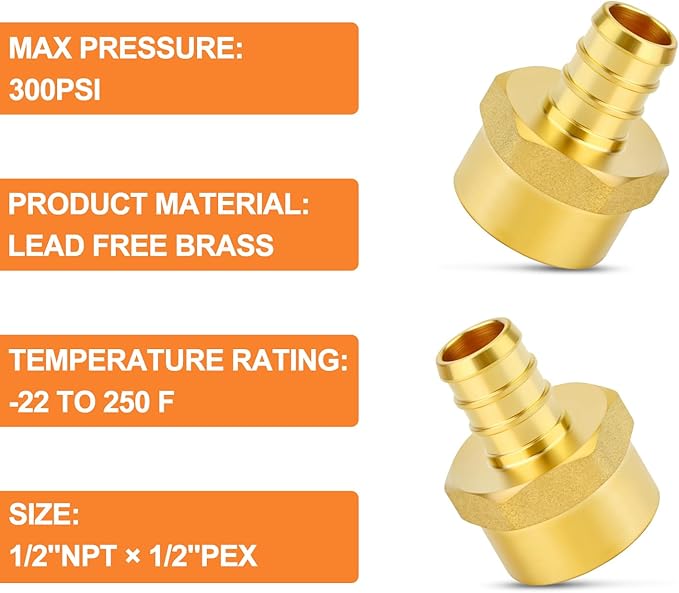 GASHER 6Pcs No Lead Brass 1/2" Pex Female Adapter, 1/2" Female NPT to 1/2" PEX Adapter for Pex Tubing