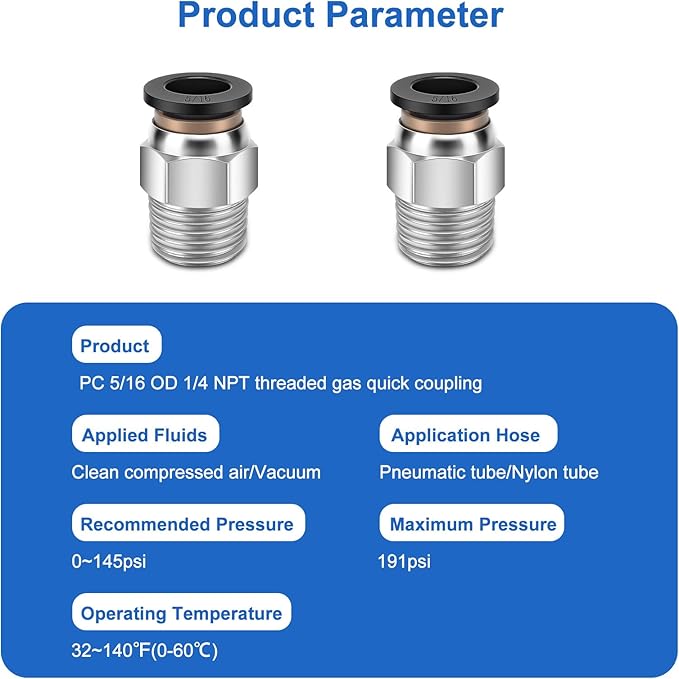 10 Pcs Push-to-Connect Fittings 5/16 Inch Tube OD x 1/4 Inch NPT Thread Pneumatic Male Straight Quick Connect Air line fittings