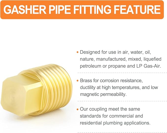 GASHER 10PCS Brass Fitting 1/4" NPT Male Brass Plug Pipe Fitting, Square Head Plug