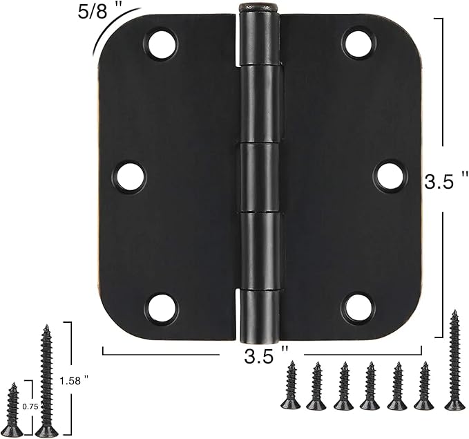 3 Pack Matte Black Door Hinges 3.5" x 3 1/2 Interior Round Door Hinge 3 ½",5/8" Radius Flat Finished Iron Standard Residential Structures Hardware for Backyard shed/Basement Access/Garage Side Door