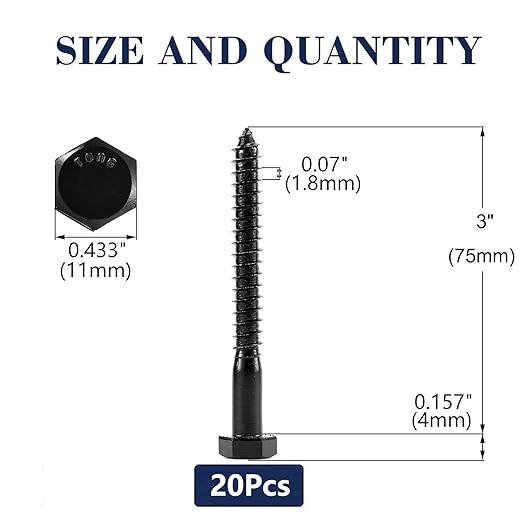 1/4" x 3" Hex Head Lag Screws Bolts 20Pcs 304 Stainless Steel 18-8, Partial Thread, Hexagon Head Wood Screws by Black Oxide by SG TZH