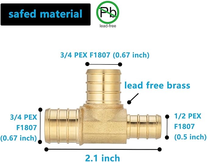 (10 Pack) Lidertik Pex Fittings Reducing Tee Brass Crimp Pipe, 1/2" * 3/4" * 3/4" PEX-B Brass LI-APXT123434(10 Pieces)