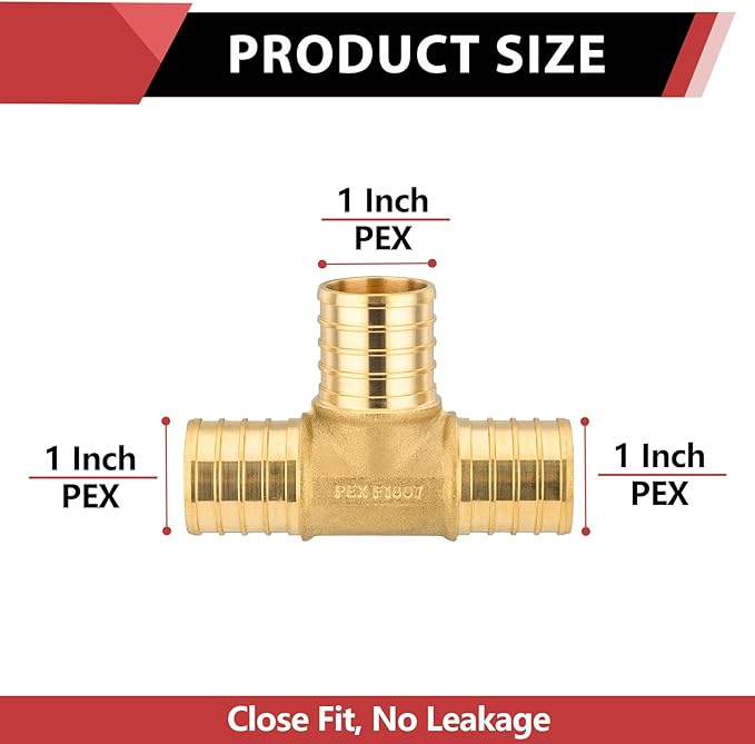 2-Pack EFIELD Barb Crimp Pex Fittings 1" x 1" x 1" Inch Tee Brass Fittings For Pex Tubing Connection, ASTM F1807,(PEX1807074-2PCS)