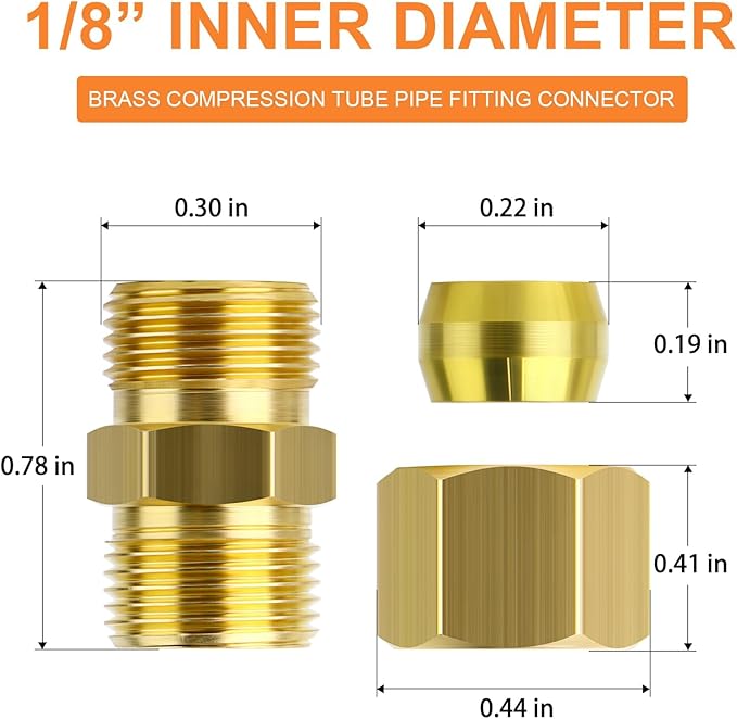GASHER 20PCS Brass Compression Tube Pipe Fitting Connector, 1/8" Tube OD x 1/8" Tube OD Connector