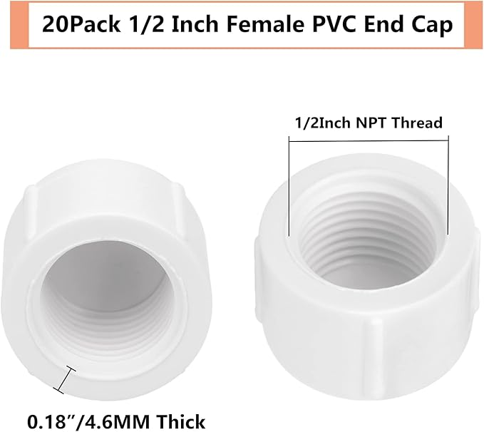 20Pack 1/2 Inch Female PVC Pipe End Cap 1/2 Inch Female Threaded Plug Adapter, SCH 40 PVC Pipe threaded Cap Fitting 1/2" PVC Pipe Female Plug Socket for Plumbing Water Line, White