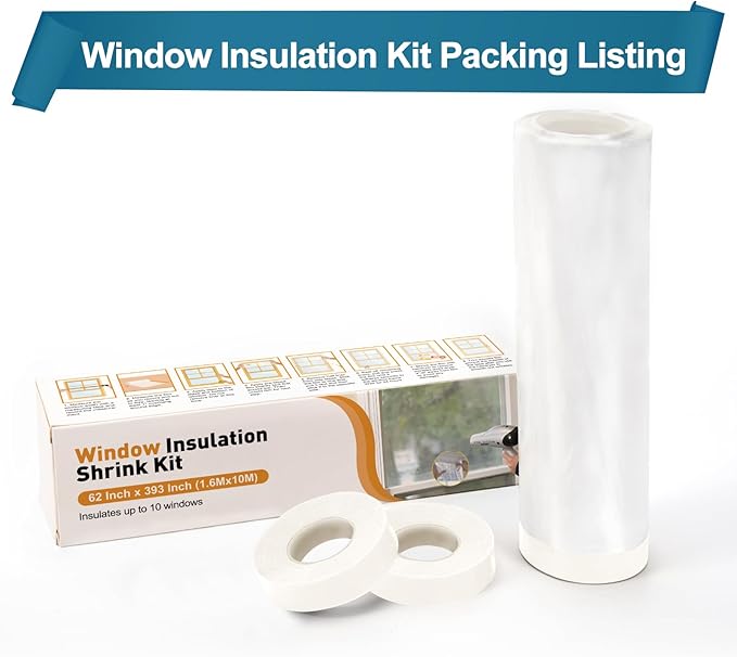 Window Insulation Kit for Winter Fits up to 10 Windows, Plastic Window Winterizing Seal Kit 63 Inch×32 Ft with Double-Sided Tape, Heavy Duty Rolled Shrink Film Easy Installation, Clear
