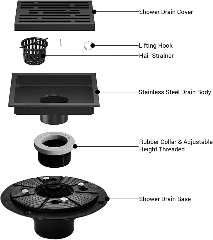 6 Inch Square Shower Floor Drain, Shower Drain Kit with Flange, Square Shower Drain, SUS 304 Stainless Steel Floor Drain,Matte Black