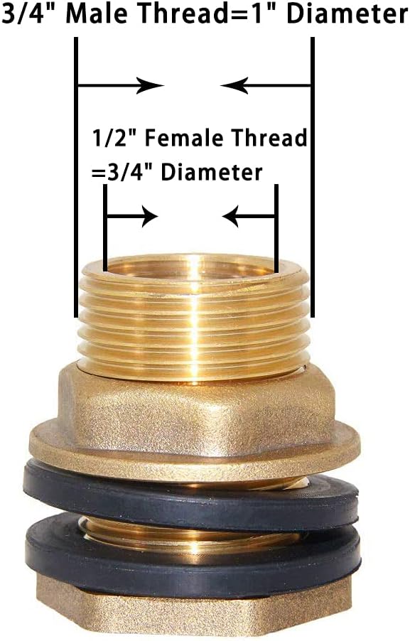 Joywayus 1/2" NPT Female 3/4" GHT Male Soild Brass Water Tank Connector Theaded Bulkhead Fitting with 2 Rubber Ring Stablizing