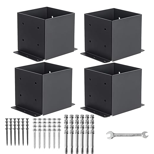 6x6 Post Base 4 Pcs, (Inner Size 5.6x5.6) Post Brackets Kit, Heavy Duty Black Metal Powder-Coated Post Anchor Outdoor Framing Module Fit for Support Deck Base Plate Pergola Brackets Fence Kit……