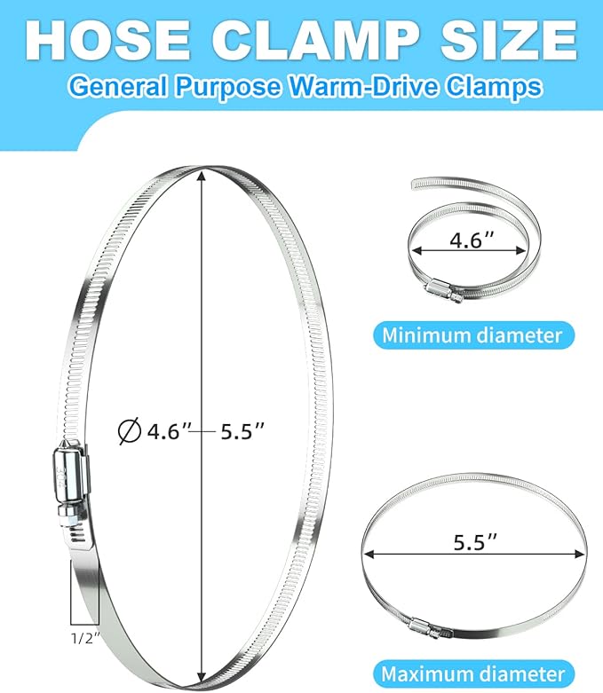 Hose Clamp Set - 10PCS 5 inch 304 Stainless Steel Worm Gear Hose Clamps for Fuel Line,dryer,Intercooler，Garden Water Pipe and Washing machine,Automotive Plumbing,4 1/2'' hose clamps