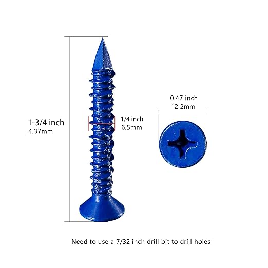(30pcs) 1/4''x1-3/4 Concrete Screw Anchor Blue Flat Head for Anchoring to Masonry, Block or Brick Stucco