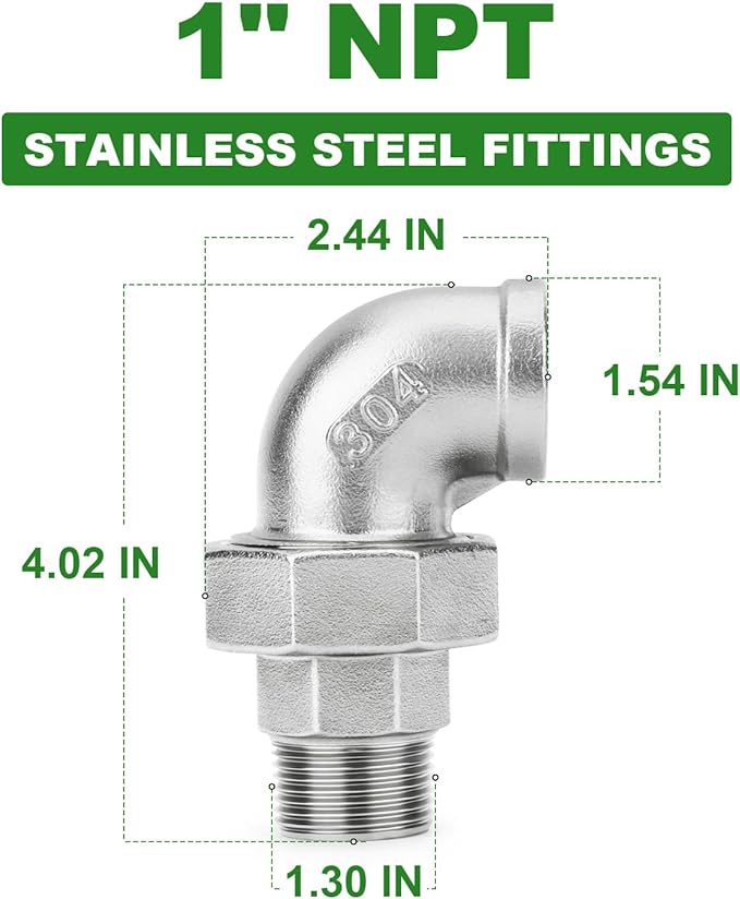 TAISHER 1PCS 304 Stainless Steel 90 Degree Elbow Union，1" NPT Female x 1" NPT Male Cast Pipe Fitting