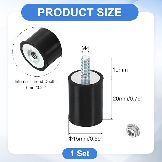 uxcell M4 Rubber Mounts, 1Pcs 15x20mm(DxH) Rubber Cylindrical Anti Vibration Isolator Shock Absorber with Lock Nut for Car Bobbin Generator Air Compressors