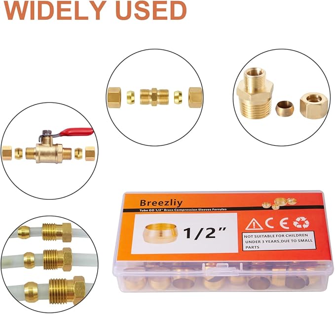 40PCS Tube OD 1/2" Brass Compression Sleeves Ferrules,Brass Compression Fitting Assortment Kit