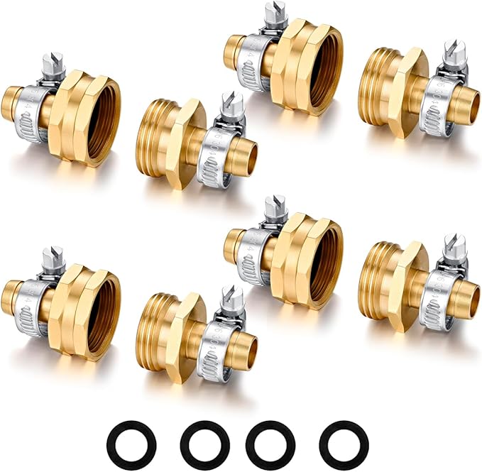 Garden Hose Repair Connector with Clamps Hose End Repair Kit, 1/2"Barb Garden Hose Fittings Male and Female brass garden hose ends (1/2"Barb-4 Set)