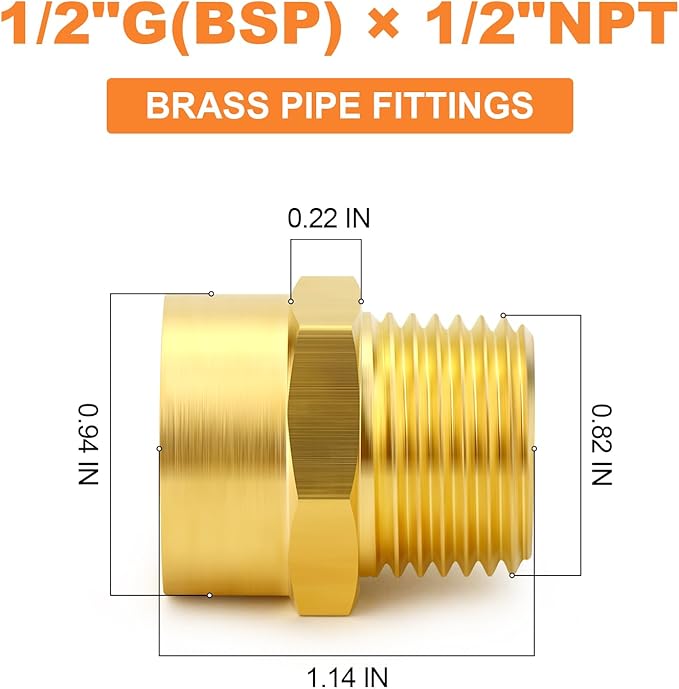 GASHER 2Pcs 1/2" G Thread Female × 1/2" NPT Thread Male Brass Pipe Fitting Adapter, G to NPT Adapter