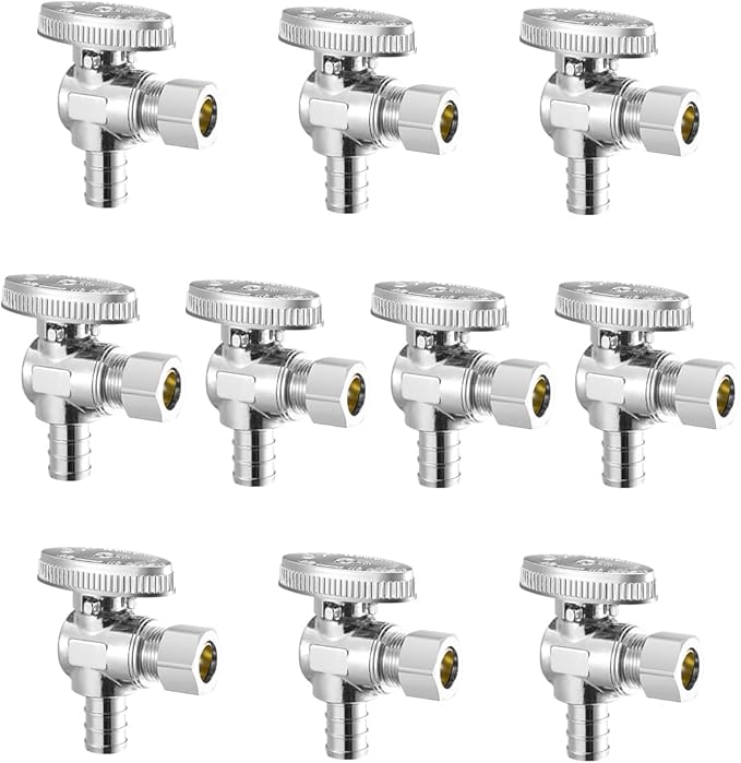 VEVOR 10 Pack Angle Stop Valve, Water Shut Off Valve 1/2" PEX x 3/8" OD Compression, 1/4 Turn Chrome Plated Brass Shutoff Valves for Bathroom Kitchen Toilet Shower Plumbing
