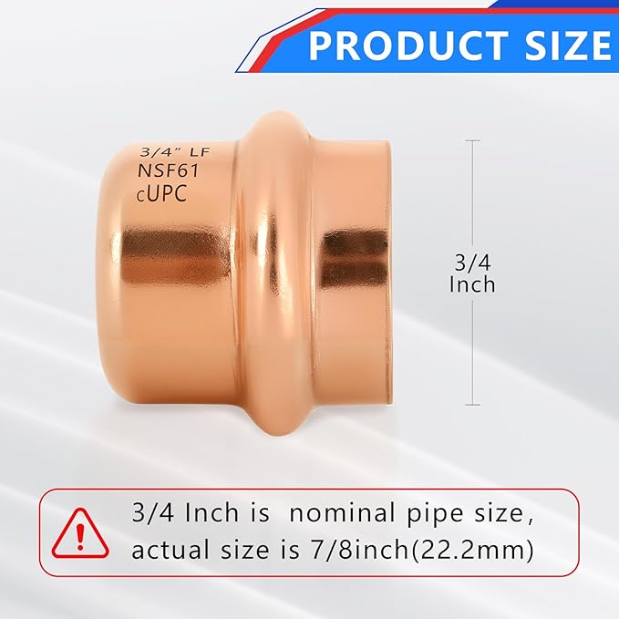 10-Pack YVSKM 3/4" Copper Press Cap, Lead-Free Copper Pipe Fitting End Cap for Press Plumbing Systems, Hot & Cold Water, HVAC & Potable Water Applications