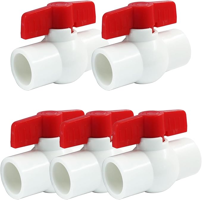 5 Pcs 3/4 Inch PVC Ball Valves, Water Shut Off Valves, 25mm Socket with Red T-Handle, Rated at 150 PSI Pipe Fittings for Swimming Pool, Plumbing & Irrigation Systems