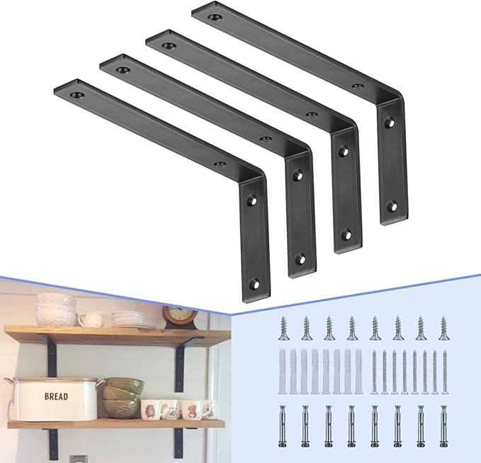 CLT Black Shelf Bracket, 12” X 5” Quarter Inch (1/4") Thick- Max Load: 440 lb Rustic Industrial Modern Farmhouse Heavy Duty Cold Rolled Steel Bracket for Table Bench, Space Saving DIY, Pack of 4