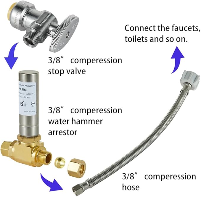 EFIELD MH-231-2-FM Tee Stainless Steel Water Hammer Arrestor,3/8" OD Comp. X 3/8" OD Female Comp. For Dishwasher Connection,(HAMMER013)